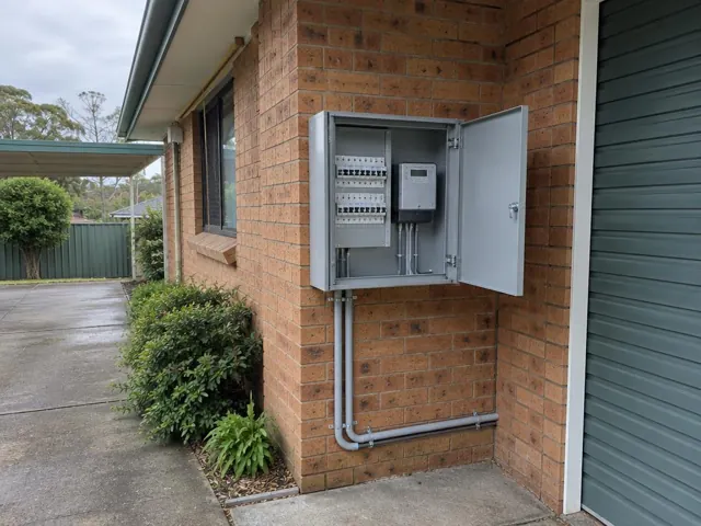 Open electrical switchboard cabinet on a brick exterior wall beside a driveway in Springfield